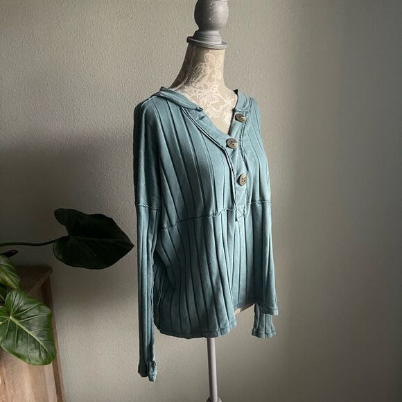 Free People In The Mix Ribbed Henley Top in Ocean Blue - Picture 6 of 12